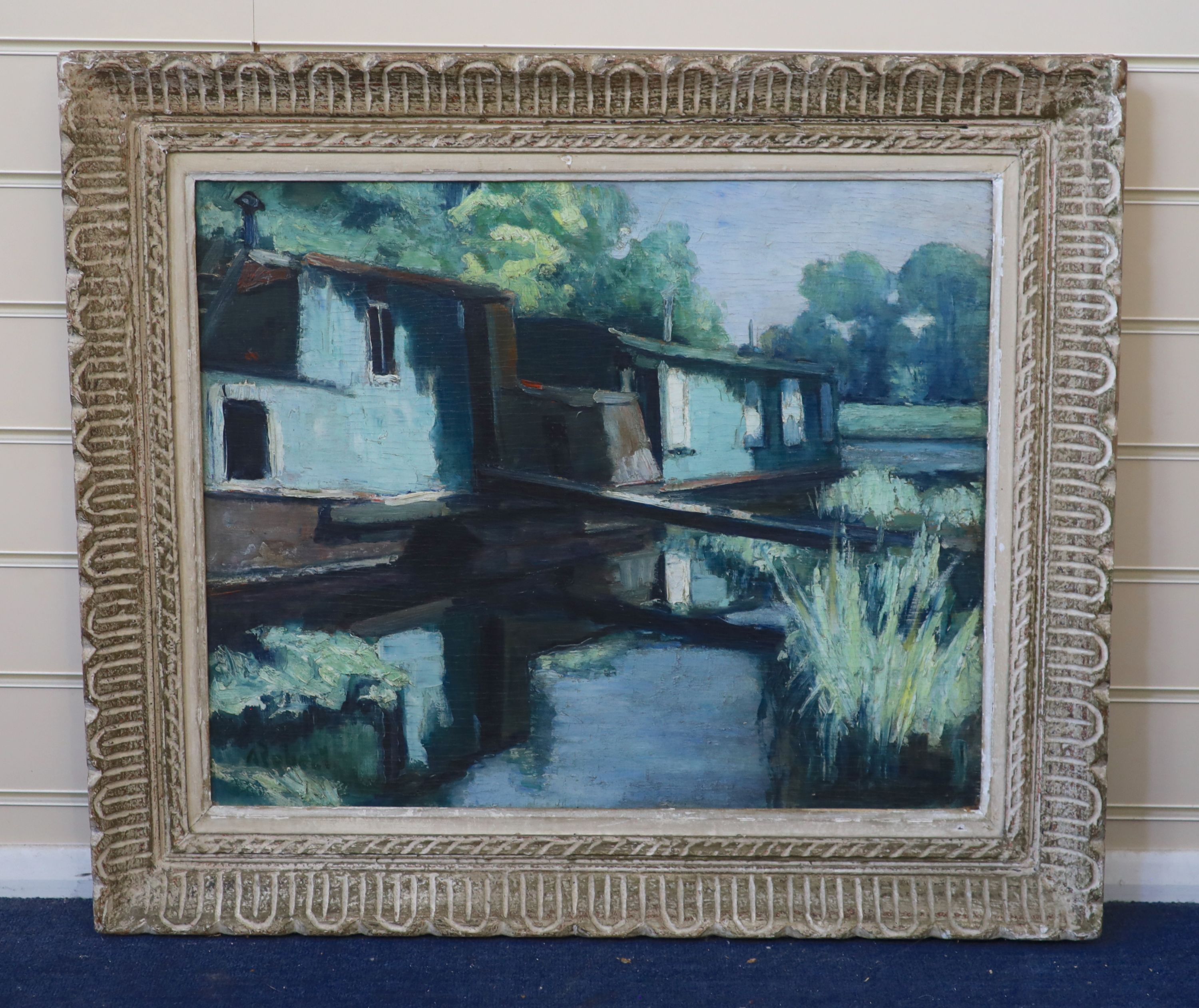 A. Robert (French School), Houseboats on the Seine, Oil on board, 49 x 61cm.